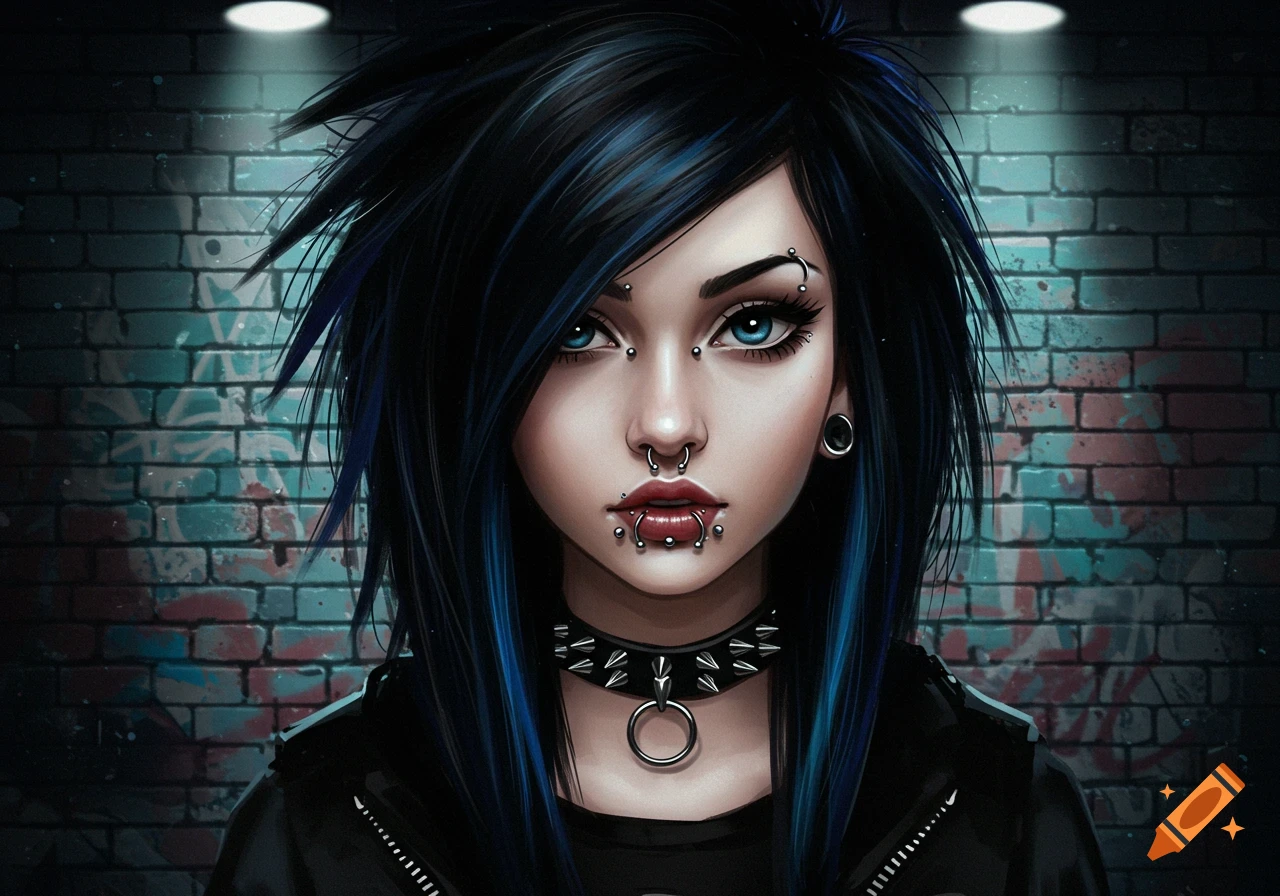 A digital art portrait of an emo girl with black and blue hair, numerous face piercings, and a studded collar, against a brick wall.