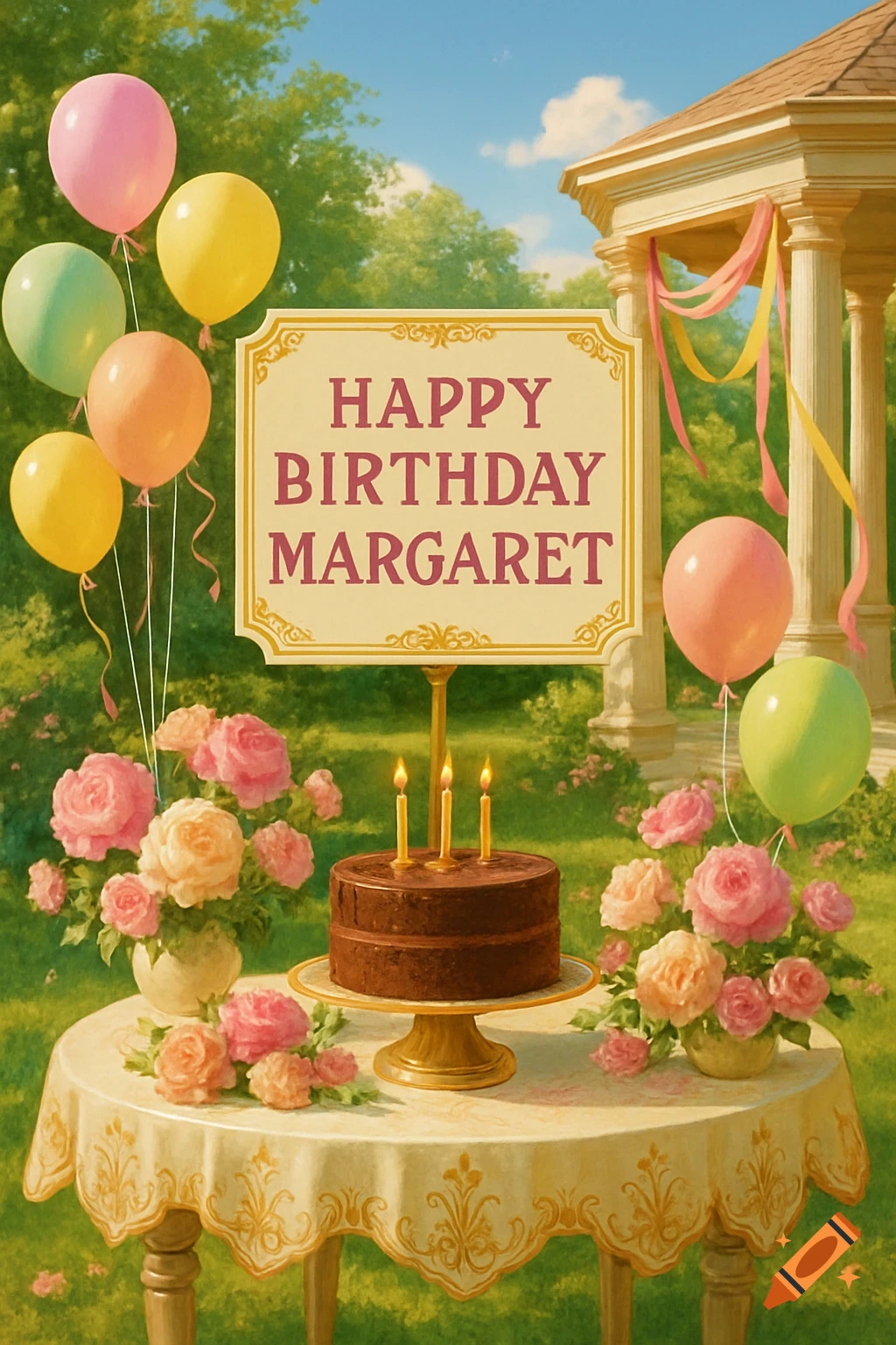 Illustrated birthday scene in a garden with a chocolate cake, balloons, pink roses, and a sign reading 'Happy Birthday Margaret'.