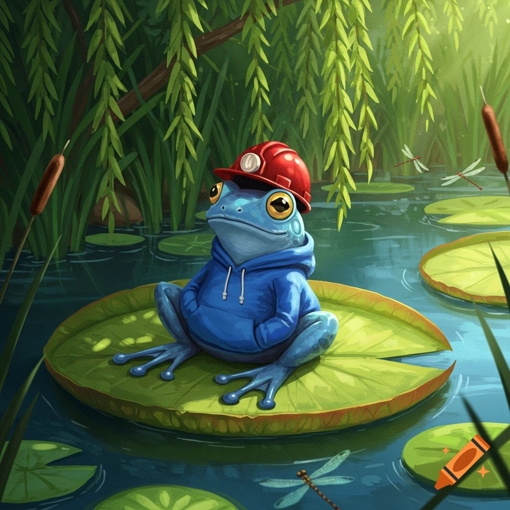A blue frog wearing a blue hoodie and a red hard hat sits on a lily pad in a pond, surrounded by willow trees and cattails.