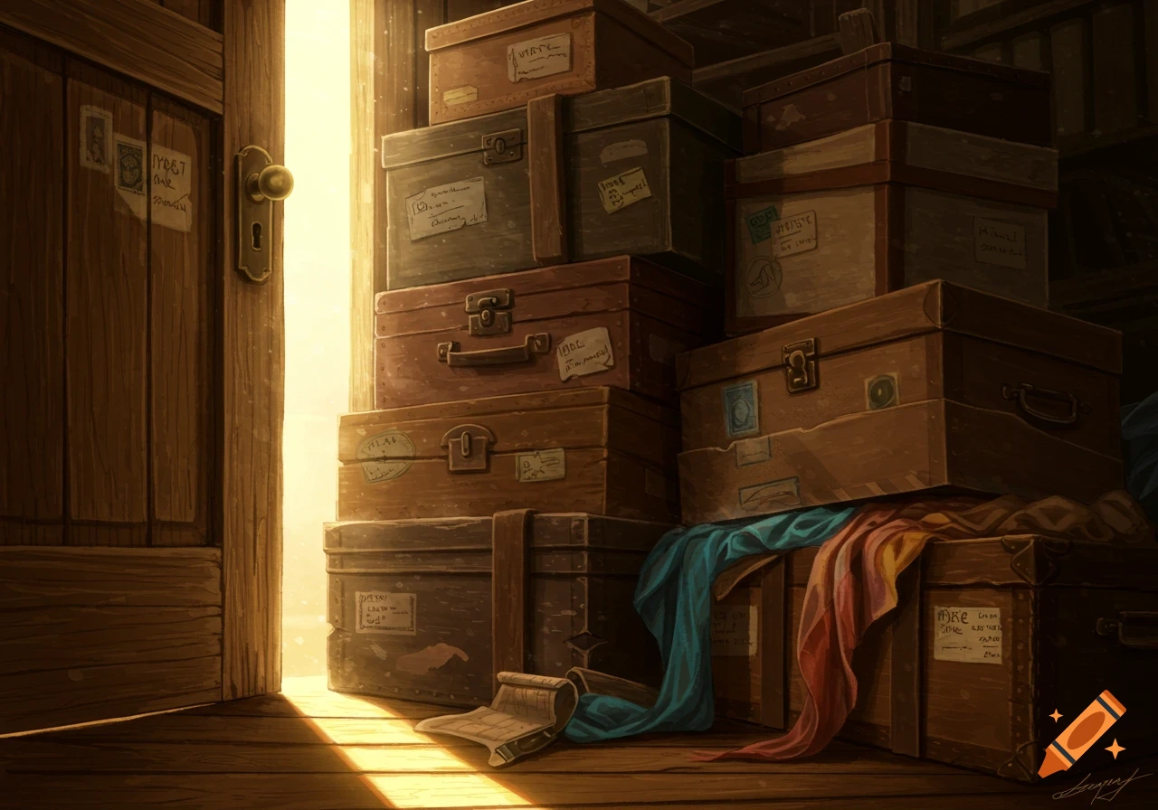 A painting of a warmly lit room with an open wooden door and tall stacks of old suitcases and boxes overflowing with textiles.