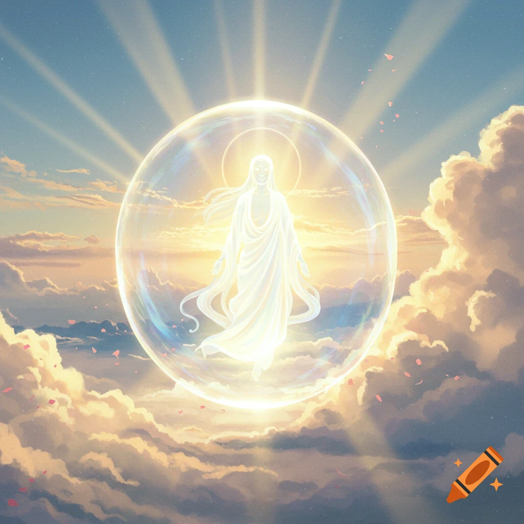 A glowing, serene figure in flowing robes inside a iridescent bubble, floating above sunlit clouds with light rays beaming from behind.
