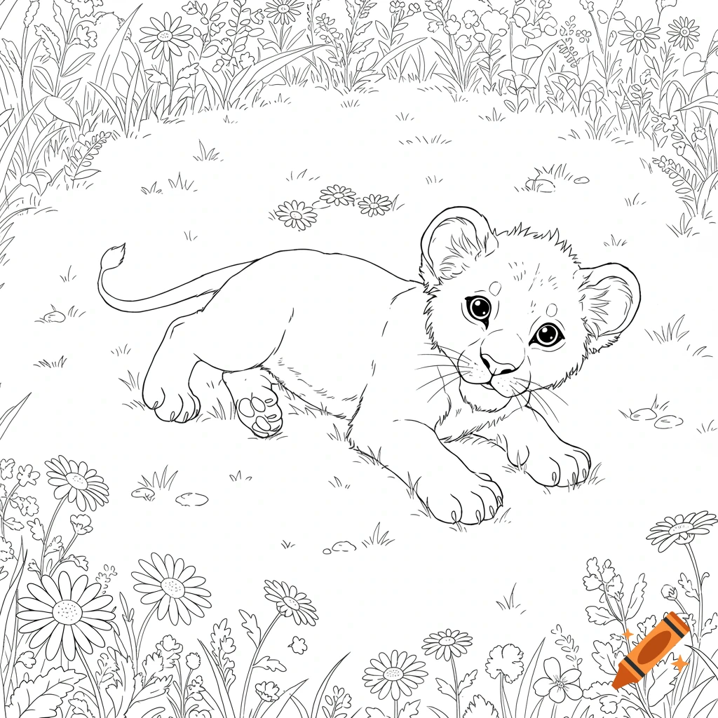 A black and white line drawing of a cute baby lion cub lying in a field with flowers, suitable for a coloring book.