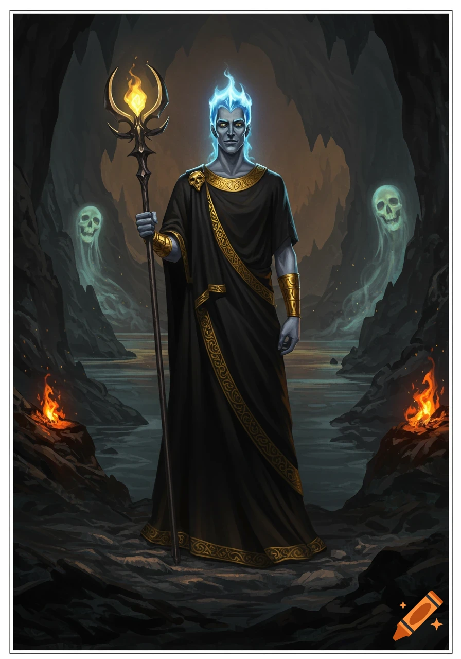 A digital painting of Hades, the Greek god, with blue flaming hair, grey skin, and black robes with gold trim, holding a fiery staff in a dark underworld cave with ghost skulls and fires.