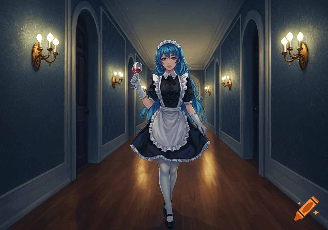 Anime maid with long blue hair and a black and white dress walks down a dimly lit corridor, holding a wineglass.