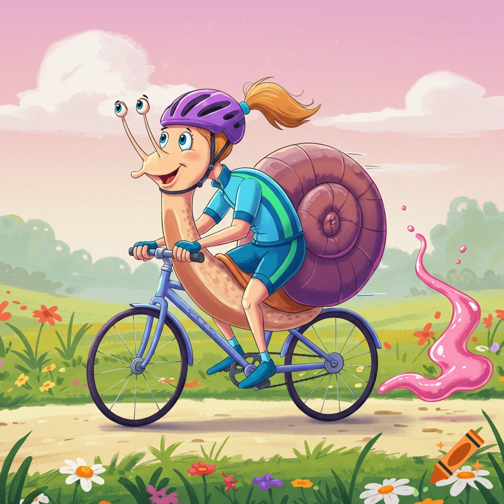 A cartoon snail with a ponytail, wearing a purple helmet and cycling clothes, rides a bicycle with a pink slime trail in a grassy landscape.