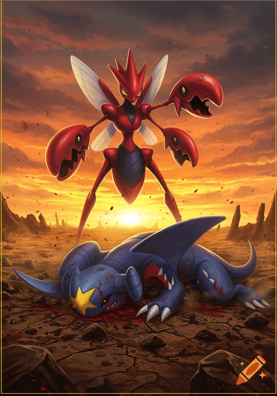 Scizor stands over a defeated, bleeding Garchomp on a desolate battlefield under a fiery sunset in a digital illustration.
