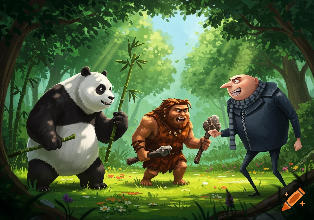 A cartoon panda holding bamboo and a Neanderthal man with a club confronting Gru from Despicable Me in a lush green forest.