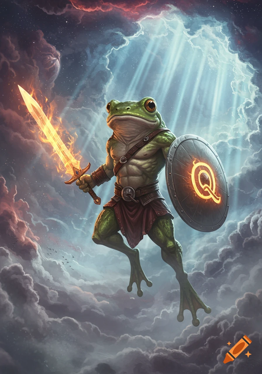 A muscular frog warrior with a glowing sword and shield featuring a 'Q' symbol, flying through an epic, cloudy sky with light rays.