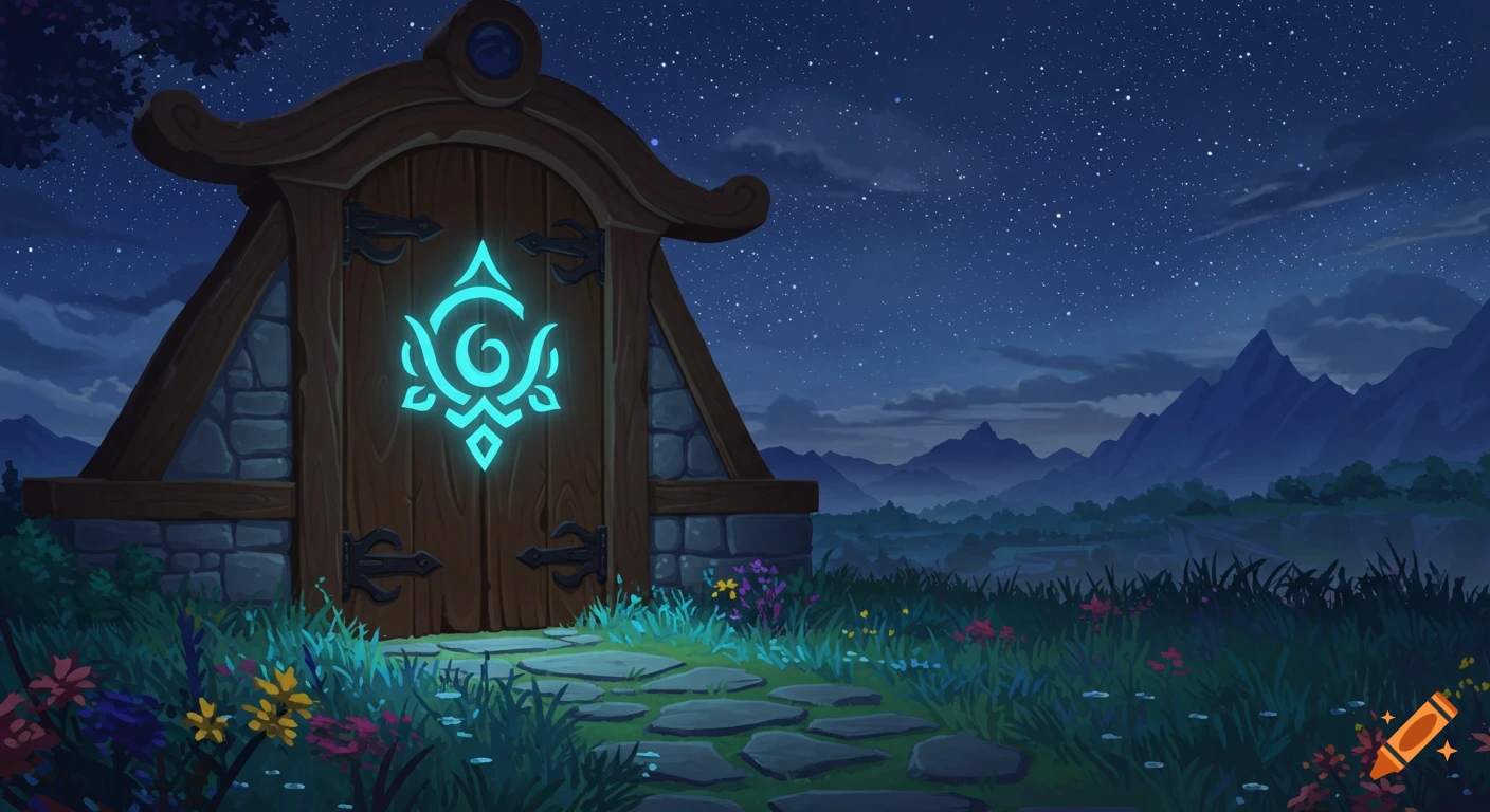A fantasy nighttime landscape with a wooden door glowing with an Anemo symbol, a stone path, starry sky, and distant mountains.
