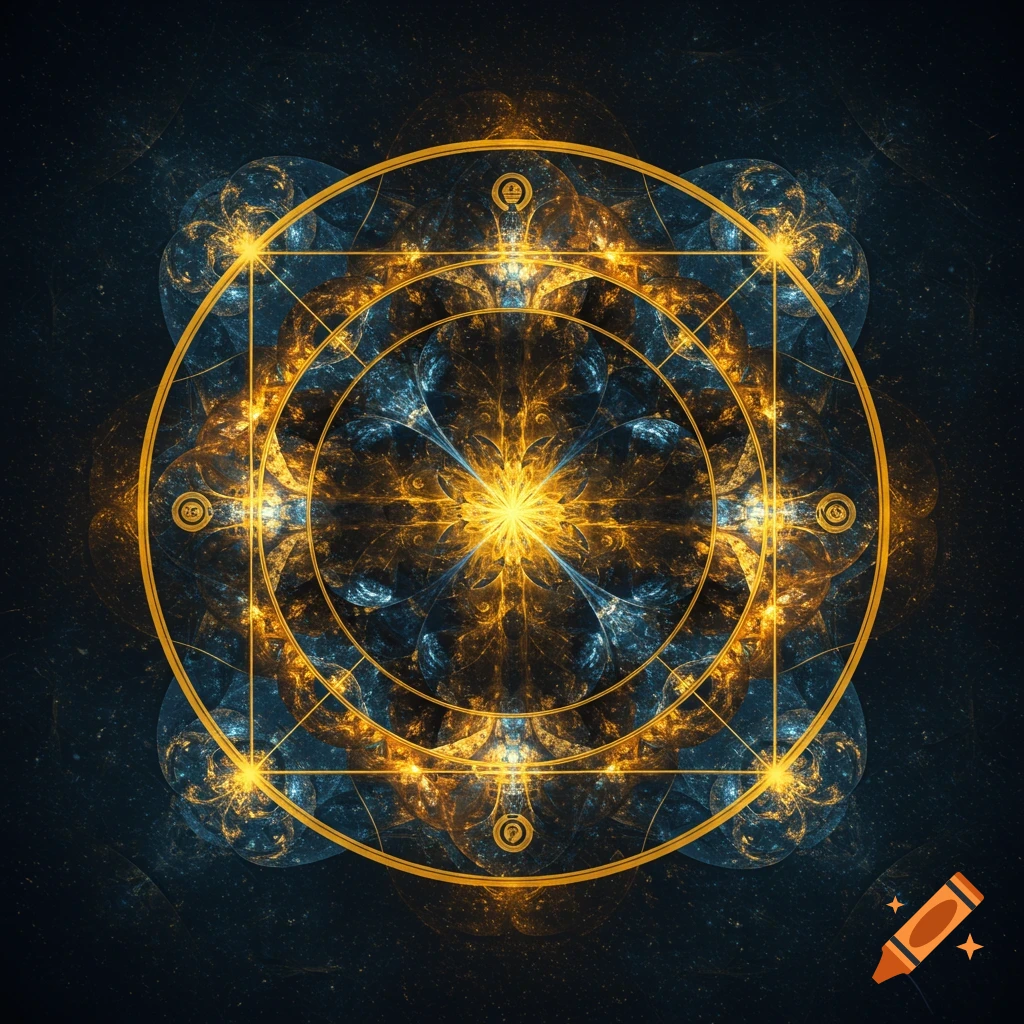 A vibrant golden and blue fractal mandala design with intricate glowing patterns on a dark background.