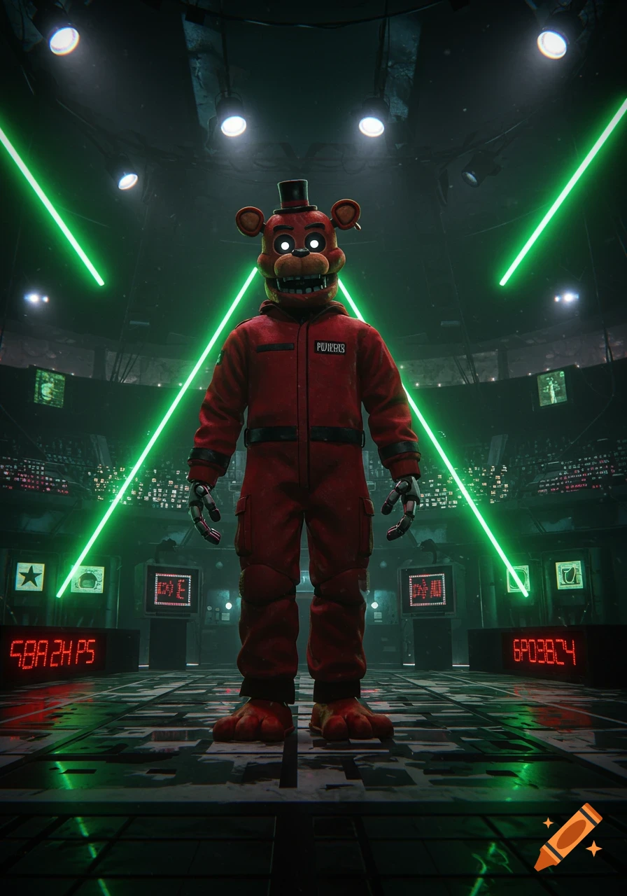 Freddy Fazbear in a red jumpsuit stands in a futuristic, dark arena with glowing green lasers and digital screens.