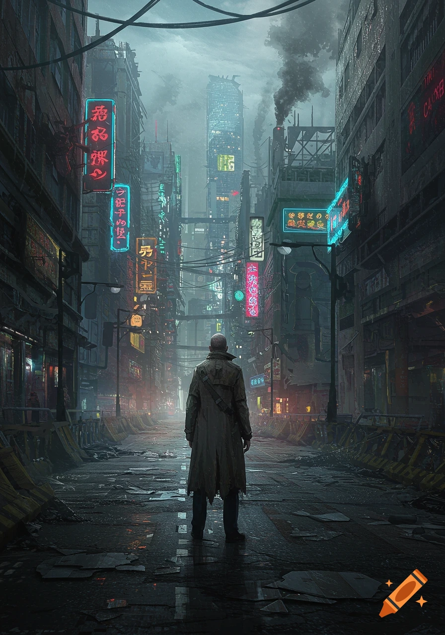 A lone figure stands on a dark, wet street in a futuristic cyberpunk city with glowing neon signs and tall buildings under a stormy sky.