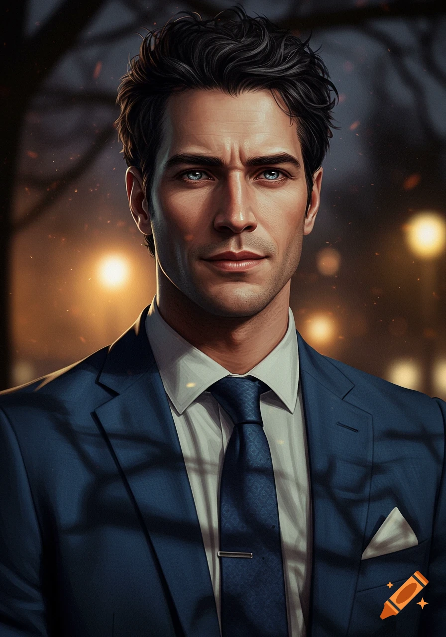 A photorealistic portrait of a handsome man with dark hair and blue eyes in a navy suit and white shirt, looking directly at the viewer.