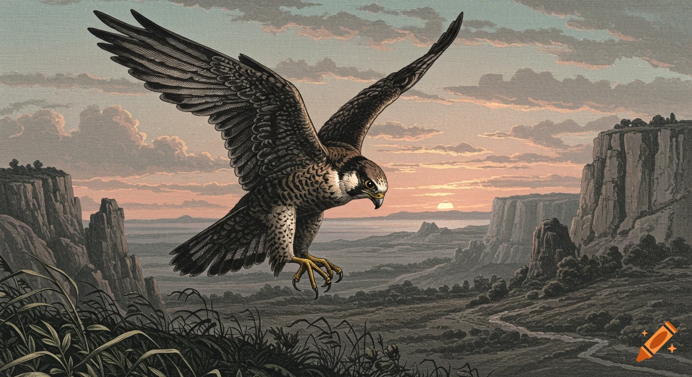 An engraving of a falcon soaring over a vast, rugged landscape at sunset.