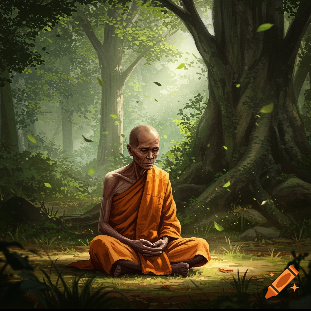 An elderly monk in an orange robe sits meditating in a lush, sunlit forest.