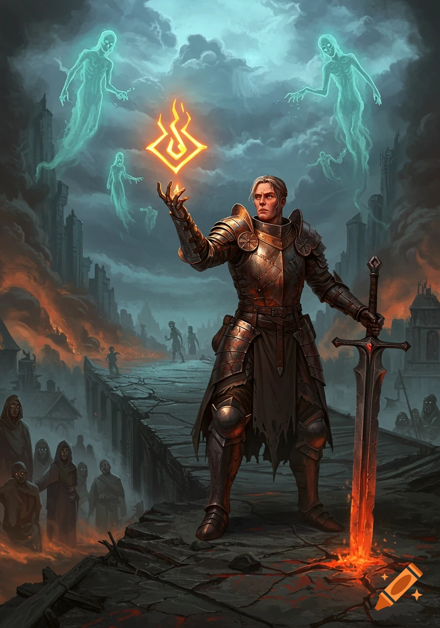 A paladin in scorched armor stands on a ruined bridge, summoning a fiery sigil as ghosts and fleeing villagers surround them in a dark fantasy landscape.
