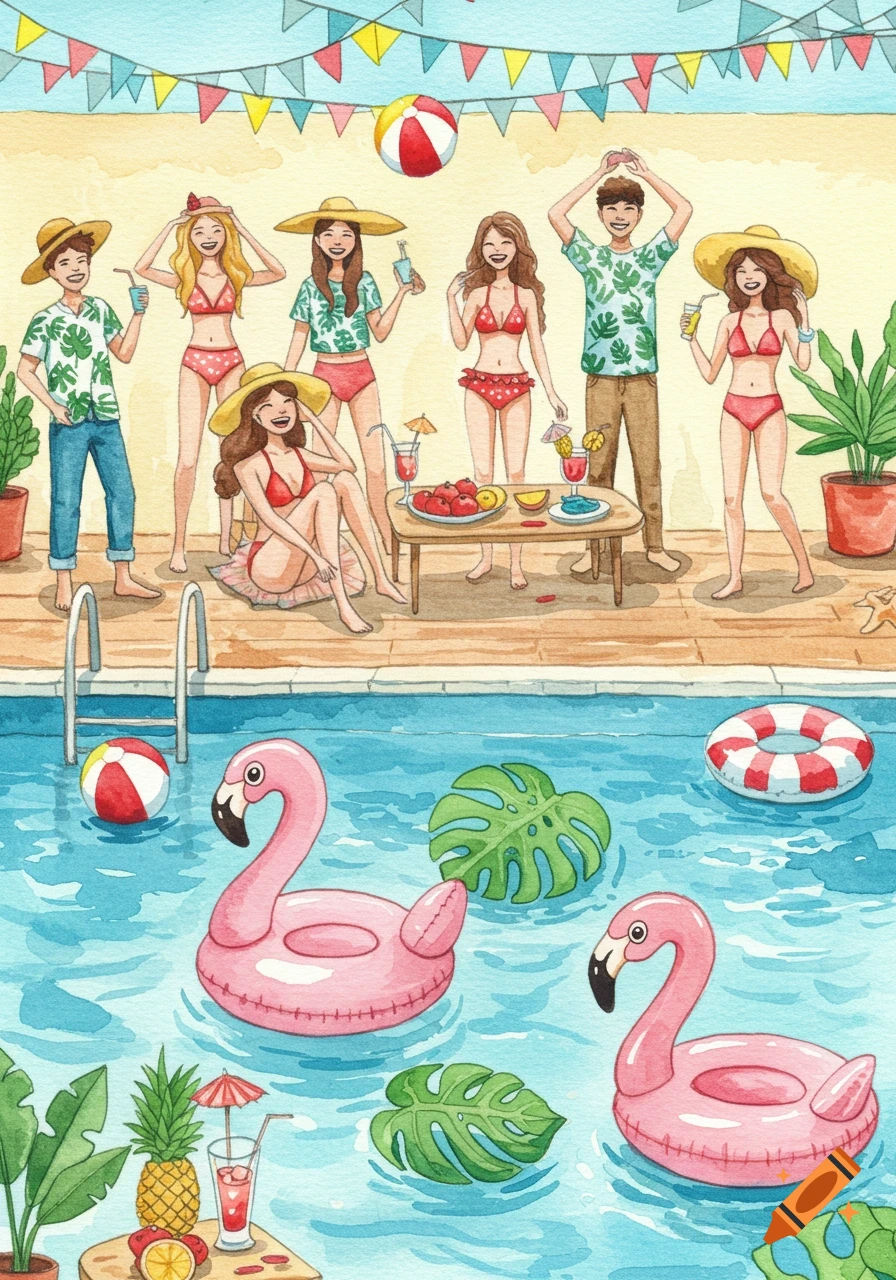 Watercolor illustration of a group of friends enjoying a pool party with flamingo floats and tropical decorations.