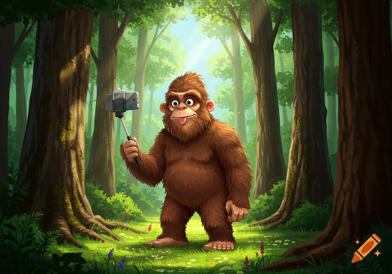 Cartoon illustration of a goofy Bigfoot taking a selfie with a smartphone and selfie stick in a sun-dappled forest.