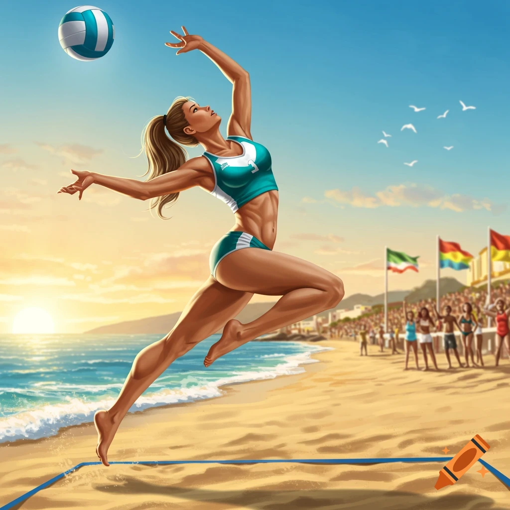 A digital illustration of a female volleyball player jumping to hit the ball on a sunny beach court with a crowd.