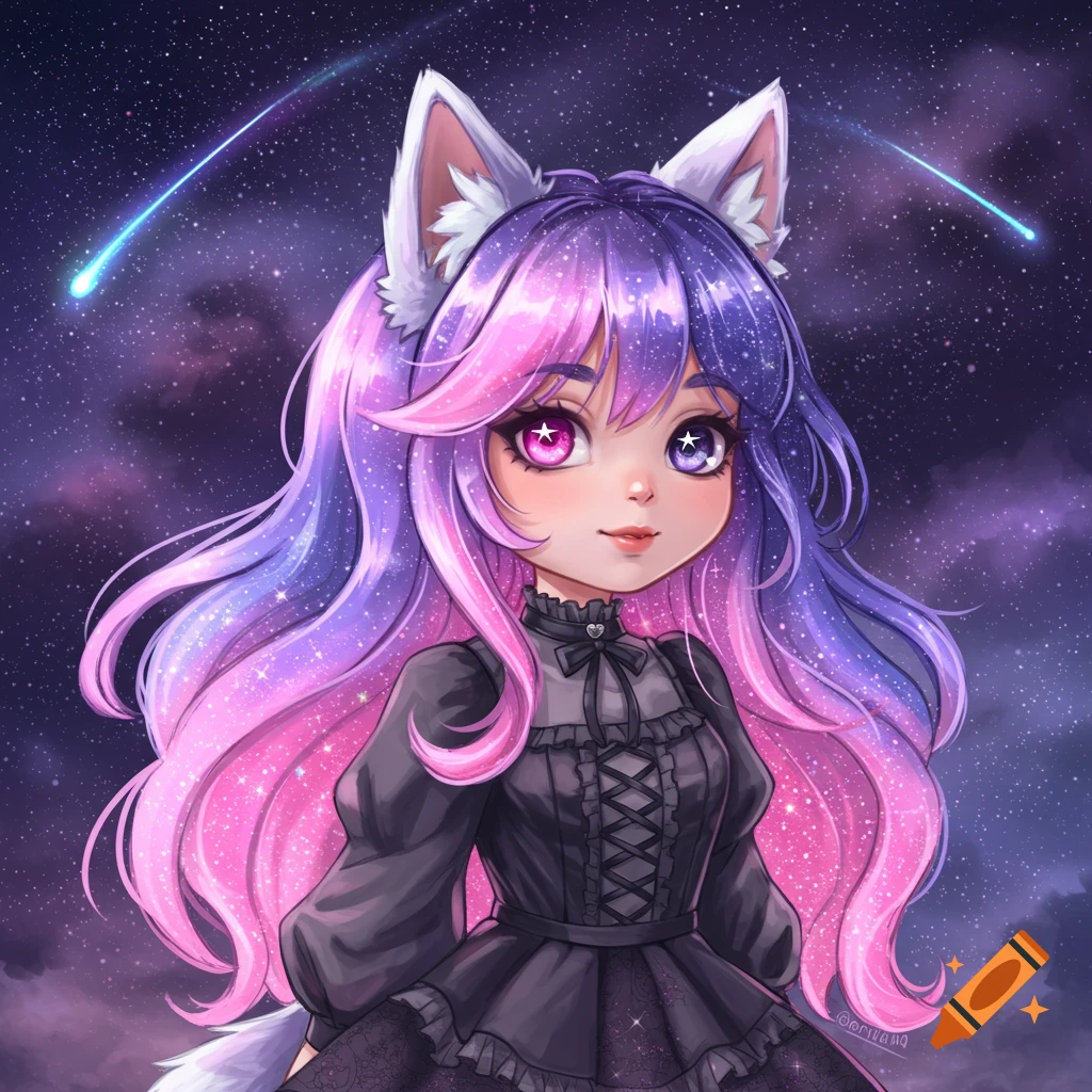 A cute anime wolf girl with gradient pink and purple galaxy hair, mismatched eyes, and a black goth dress, in a starry night sky.