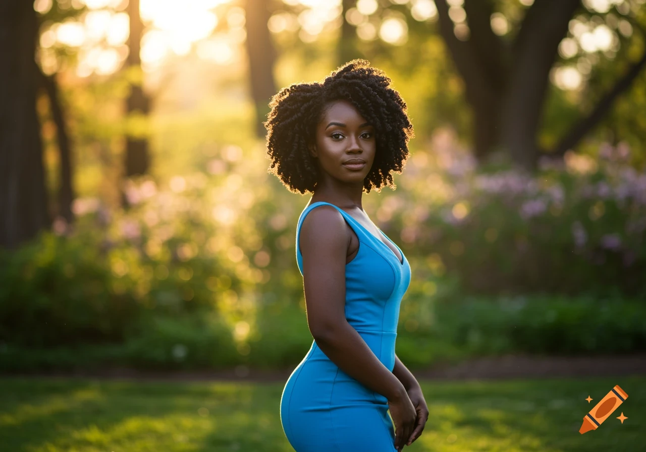 Photorealistic portrait of a Black woman with natural curly hair wearing a blue dress, standing in a sunny park.