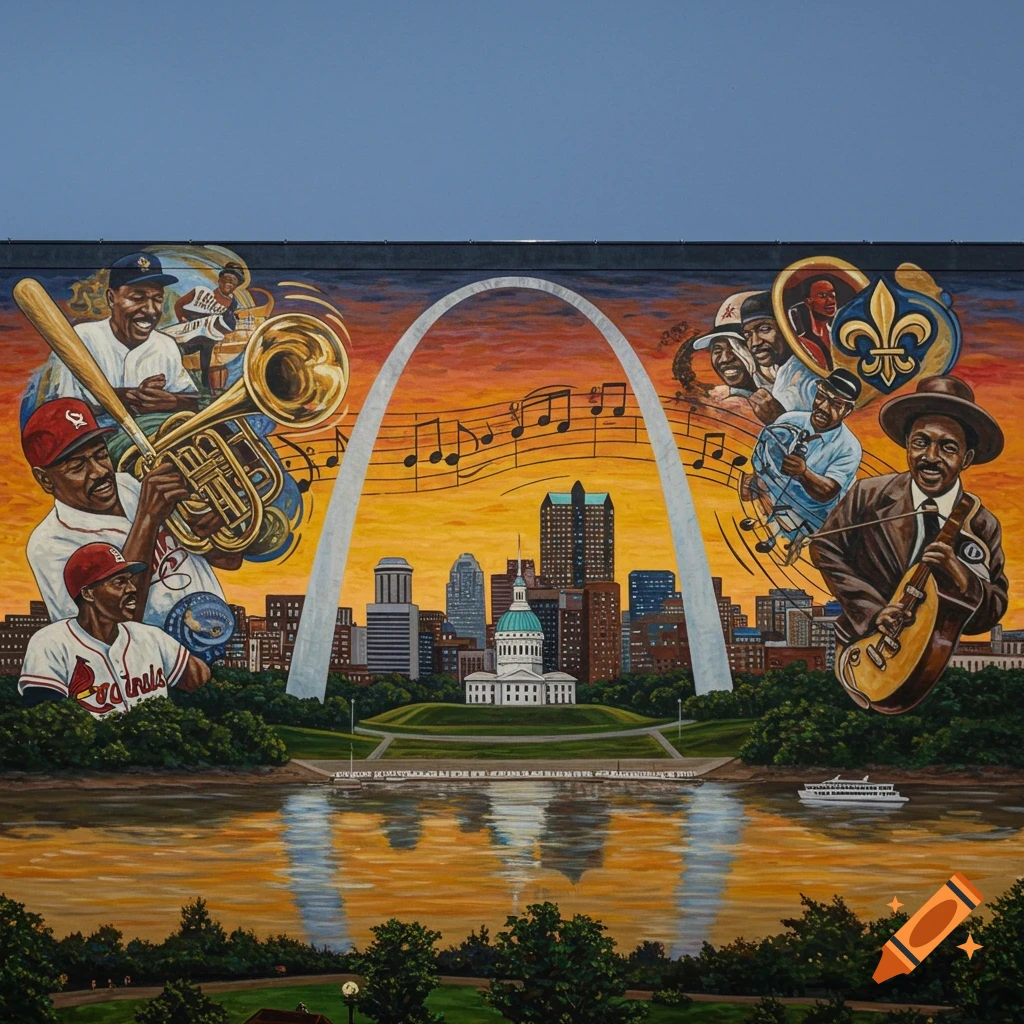 Colorful mural of St. Louis with Gateway Arch, skyline, baseball players, jazz musicians, and musical notes.