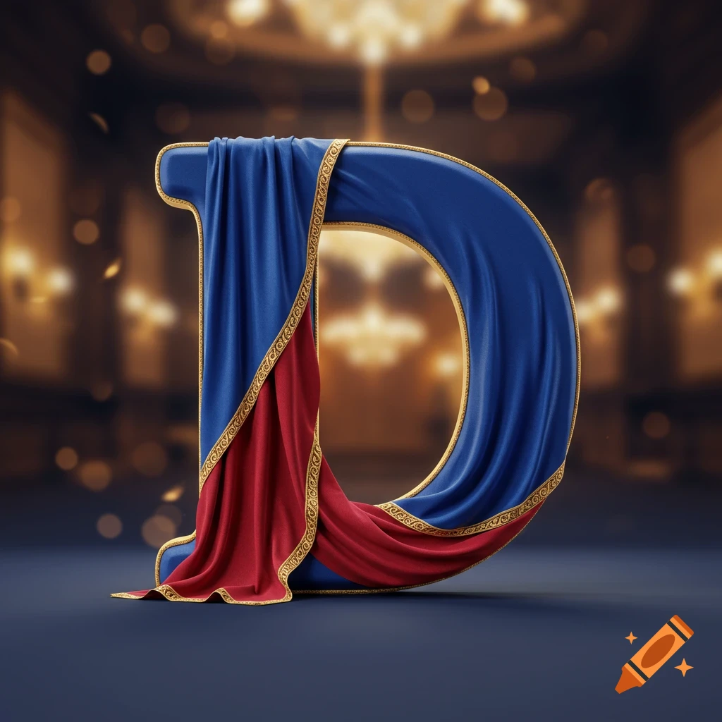 A large 3D letter D, rendered in dark blue and red fabric with gold trim, standing on a dark blue surface in a softly lit, blurry interior with chandeliers.