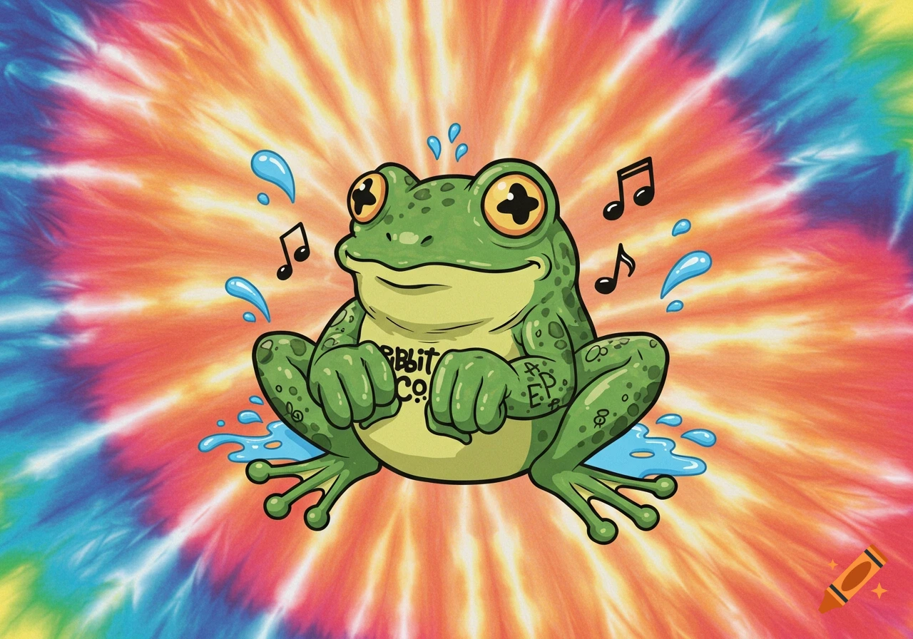 A vibrant cartoon frog with yellow eyes and cross pupils sits on a tie-dye background, surrounded by water splashes and musical notes. The frog's belly says 'Ribbit Co'.
