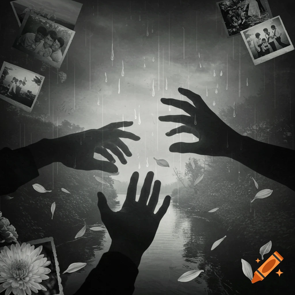 Black and white collage: three silhouetted hands reach amidst falling petals and raindrops, with vintage family photos over a dark river.