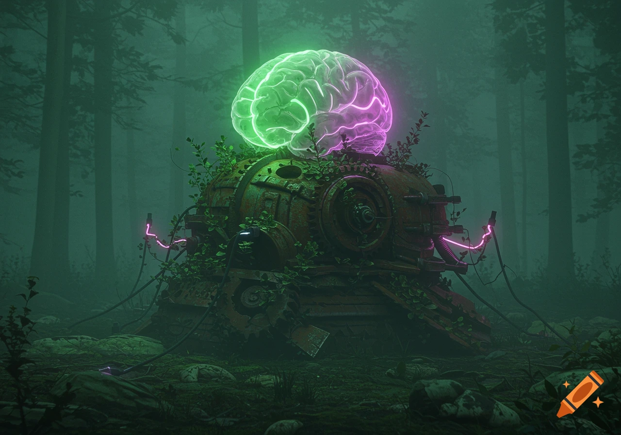 A glowing green and pink brain sits atop a rusted, overgrown machine in a dark, foggy forest, with neon pink wires.