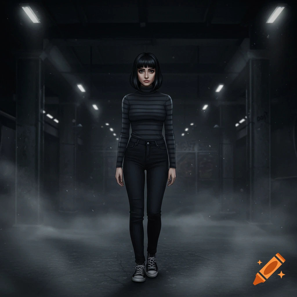 A stoic woman with black bob hair, a striped turtleneck, and black jeans stands in a dark, misty urban passage, digital art style.