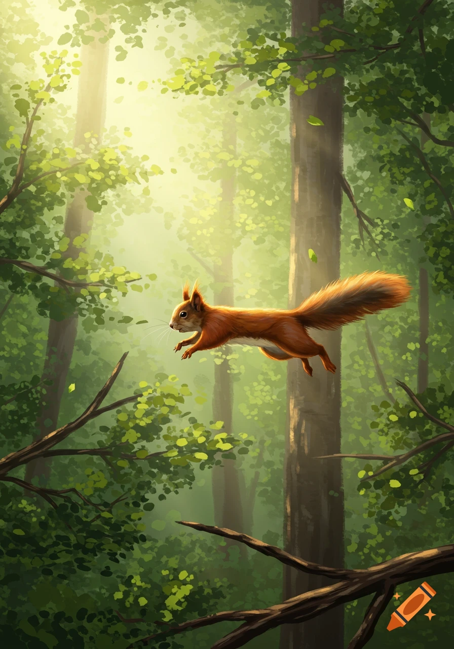 A stylized squirrel leaps between branches in a sunlit forest at dawn.