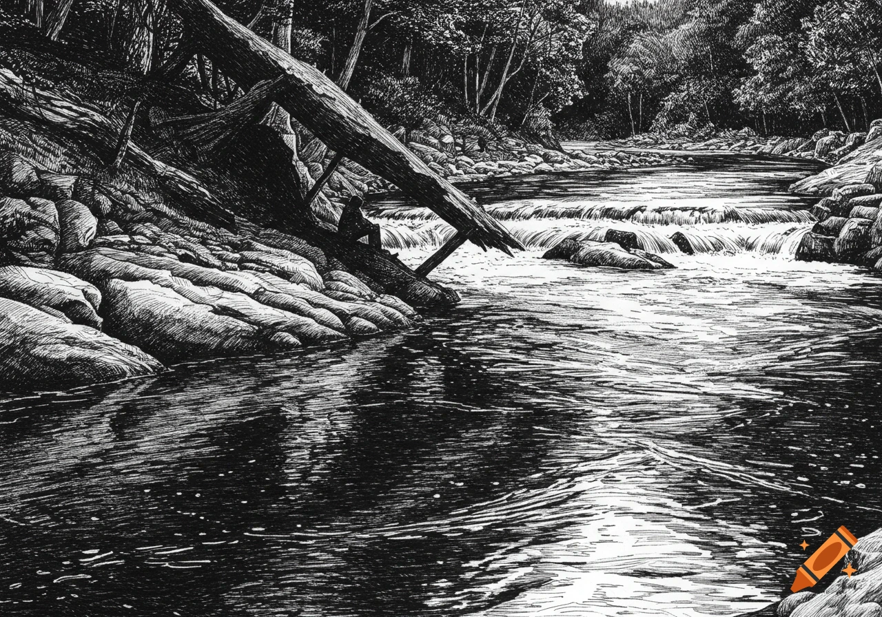 A black and white pen and ink drawing of a person sitting by a river with rapids, a fallen log, and wooded banks.