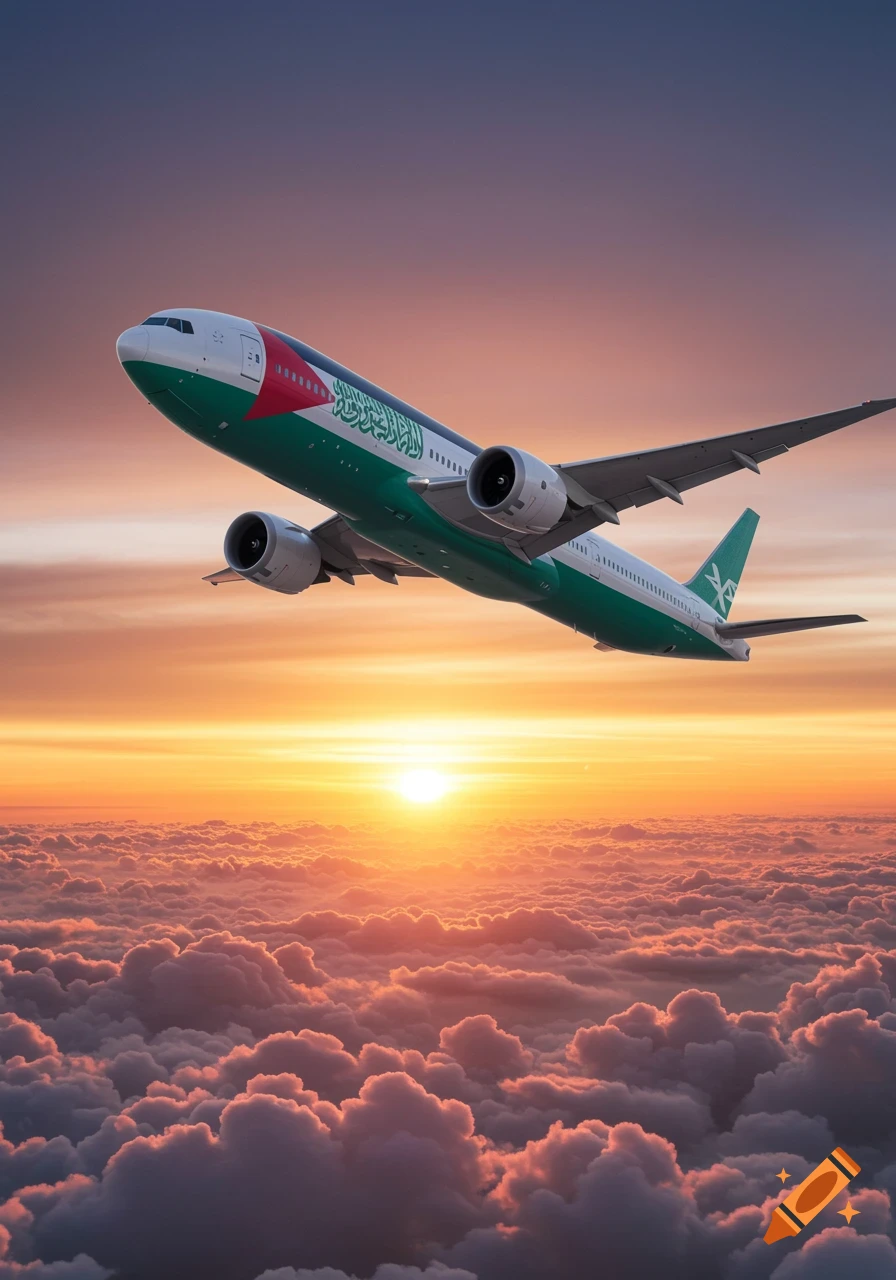 A Boeing 777x airliner with a green and white livery and a red triangle, incorporating design elements of the Palestinian flag, flies above clouds during a vibrant sunset.