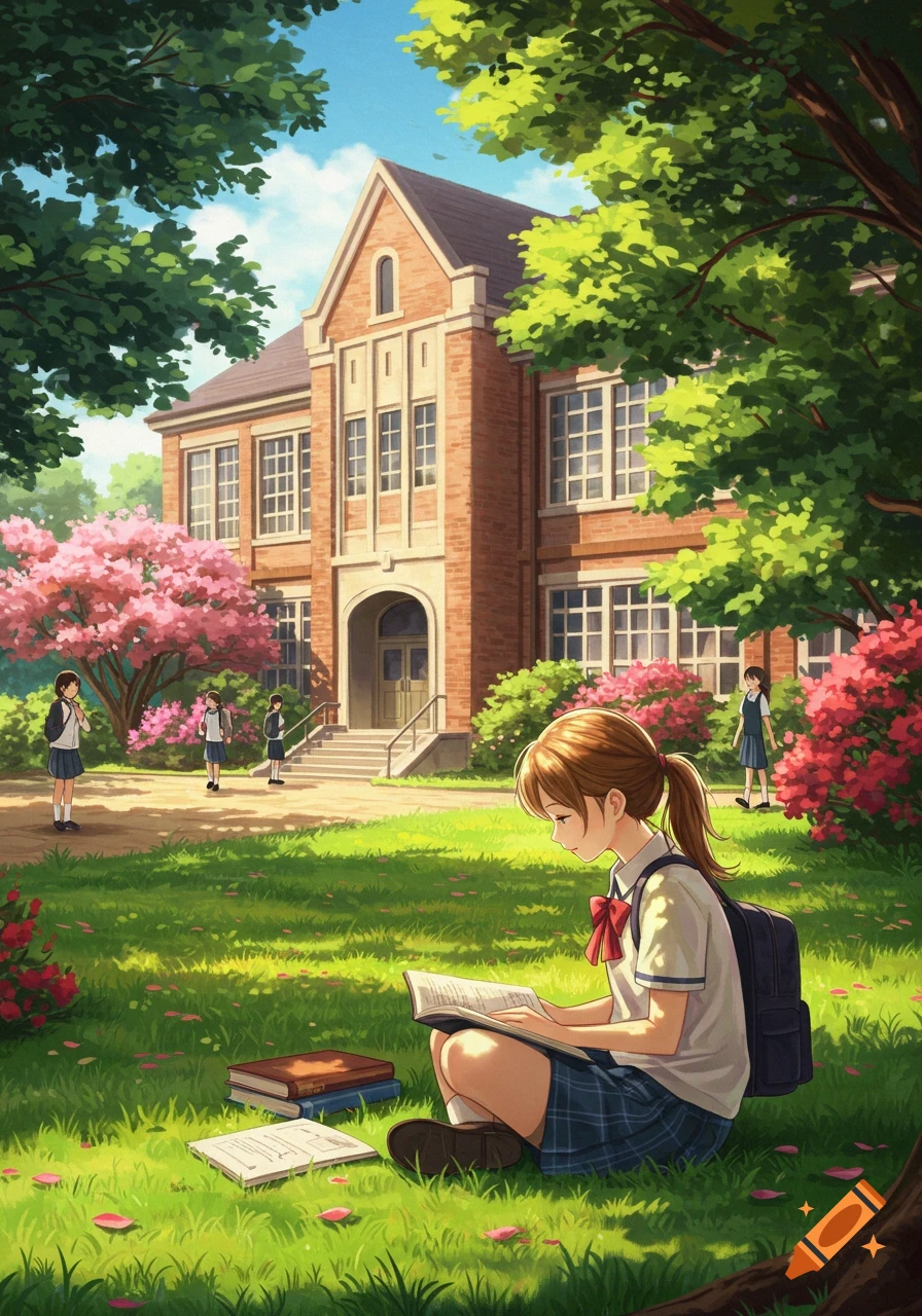 Anime girl reading a book on a grassy lawn outside a brick school building with trees and pink flowers.