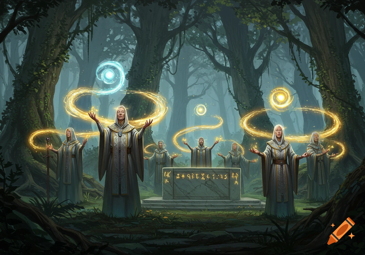 Clerics cast spells with glowing energy around an altar in a mystical forest, fantasy art style.
