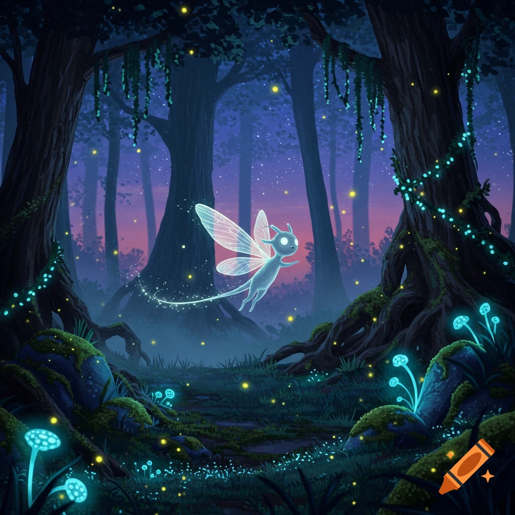 A whimsical glowing fairy-like creature with translucent wings flies through a dark, magical forest with bioluminescent mushrooms and fireflies.