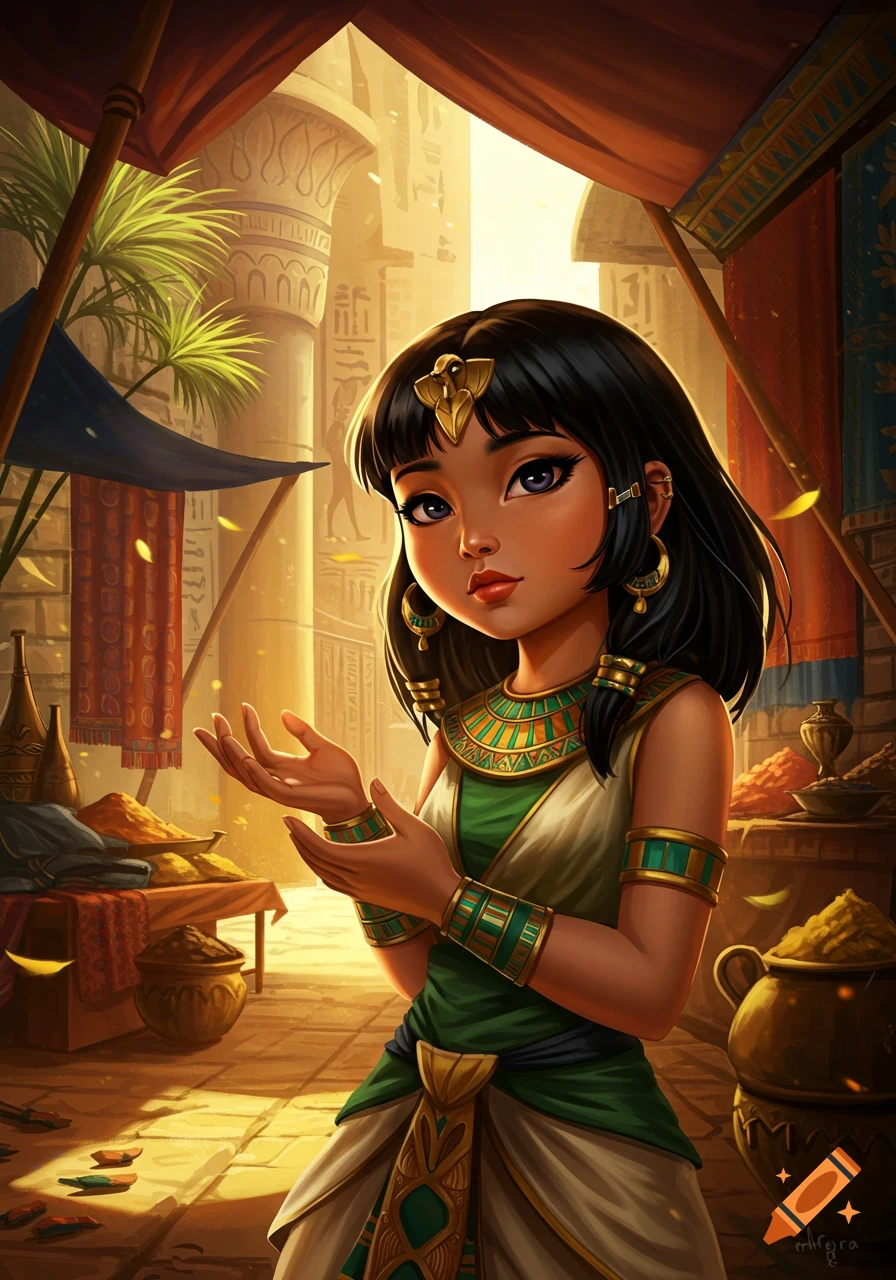 Stylized illustration of a young girl in ancient Egyptian attire standing in a bustling market with pillars in the background.