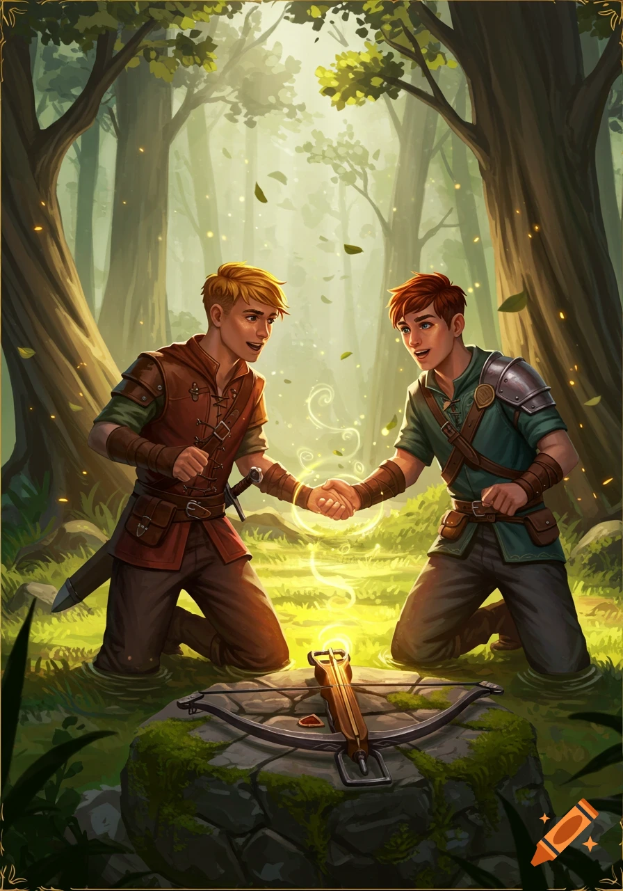 Two young men in fantasy outfits shake hands over a crossbow on a mossy stone in a sunlit forest, with glowing magical effects.