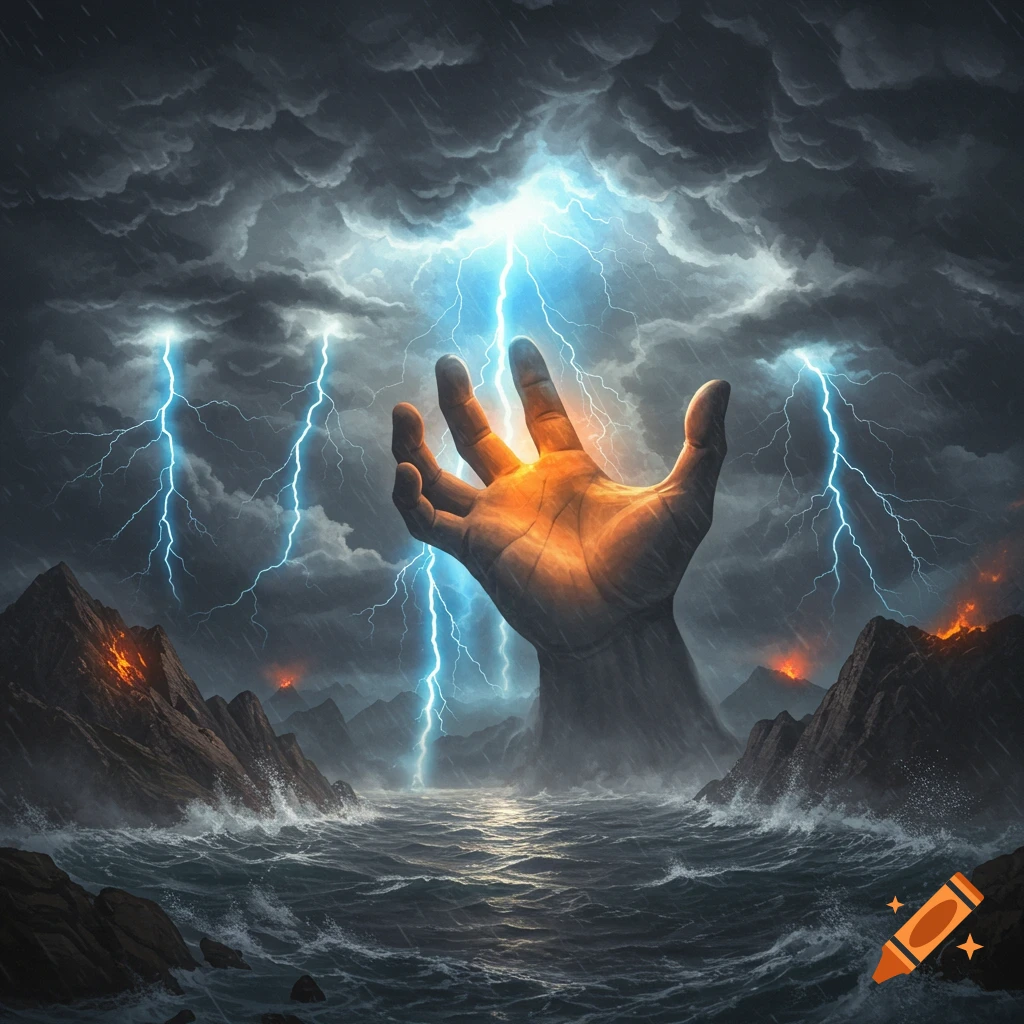 A colossal hand emerges from a stormy ocean under a lightning-filled sky, with volcanic mountains in the background.