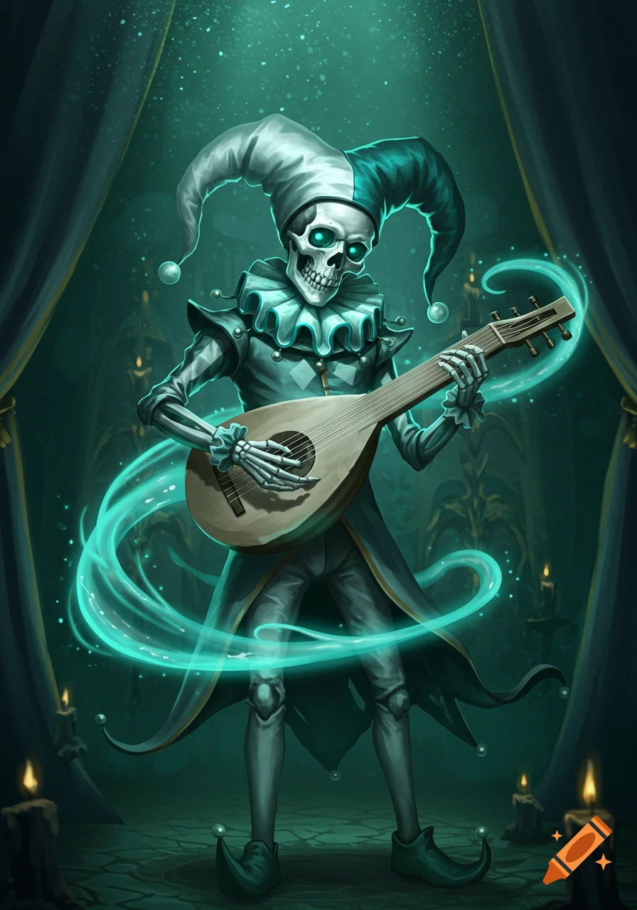 A skeleton jester with glowing eyes plays a lute, surrounded by turquoise magic swirls in a dark, candlelit room.