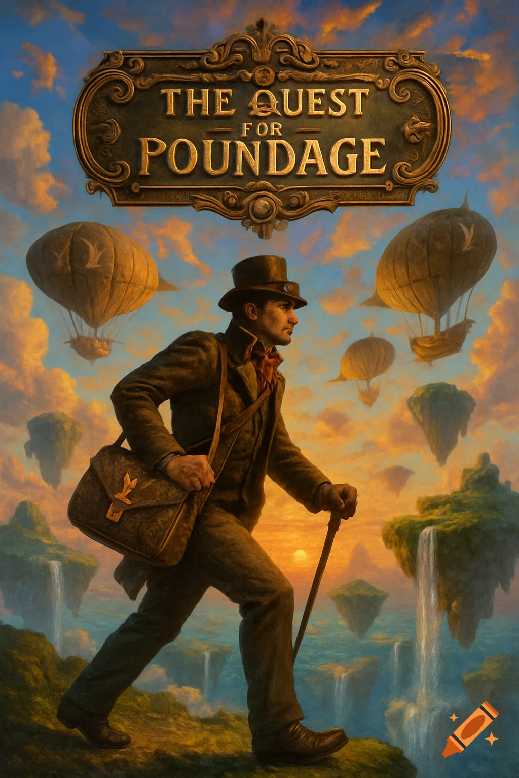A man in a top hat and coat walks with a cane and satchel across a floating island at sunset, with hot air balloons and more floating islands in the background. Steampunk fantasy illustration.