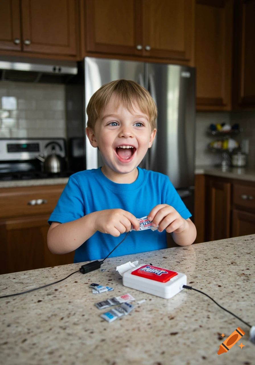 A young boy in a blue shirt with a wide open mouth laughs excitedly while holding a prank gum wrapper in a kitchen.