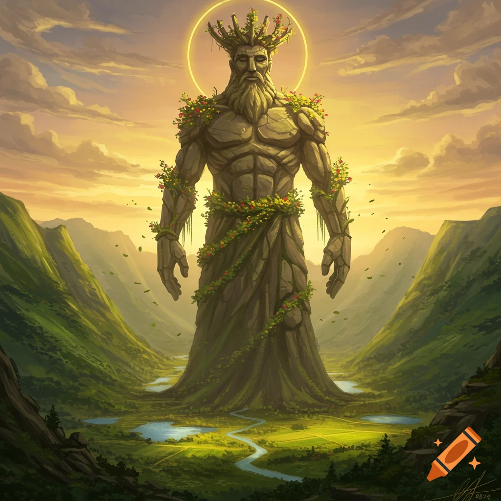 A giant stone figure covered in vines and flowers stands in a lush green valley under an orange sky with a glowing halo.