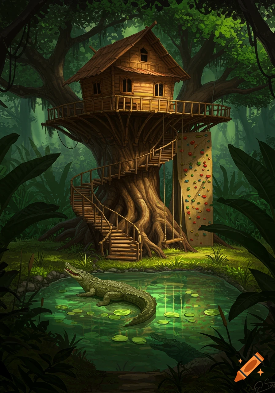 An illustration of a rustic treehouse with a spiral staircase, rope swing, and climbing wall in a lush jungle, with a crocodile in a pond below.