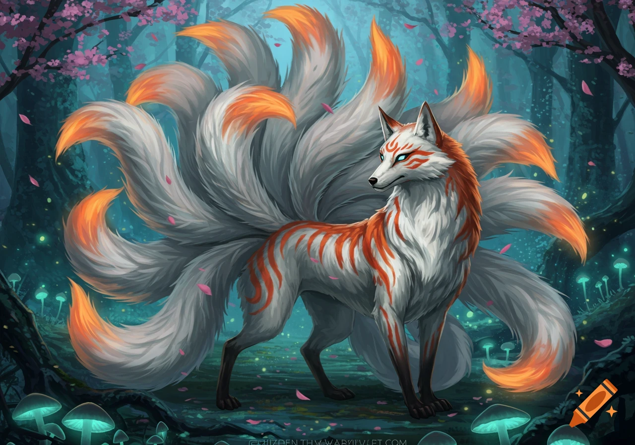 A nine-tailed Kitsune with white and orange fur stands in a mystical forest with glowing mushrooms and pink cherry blossoms.