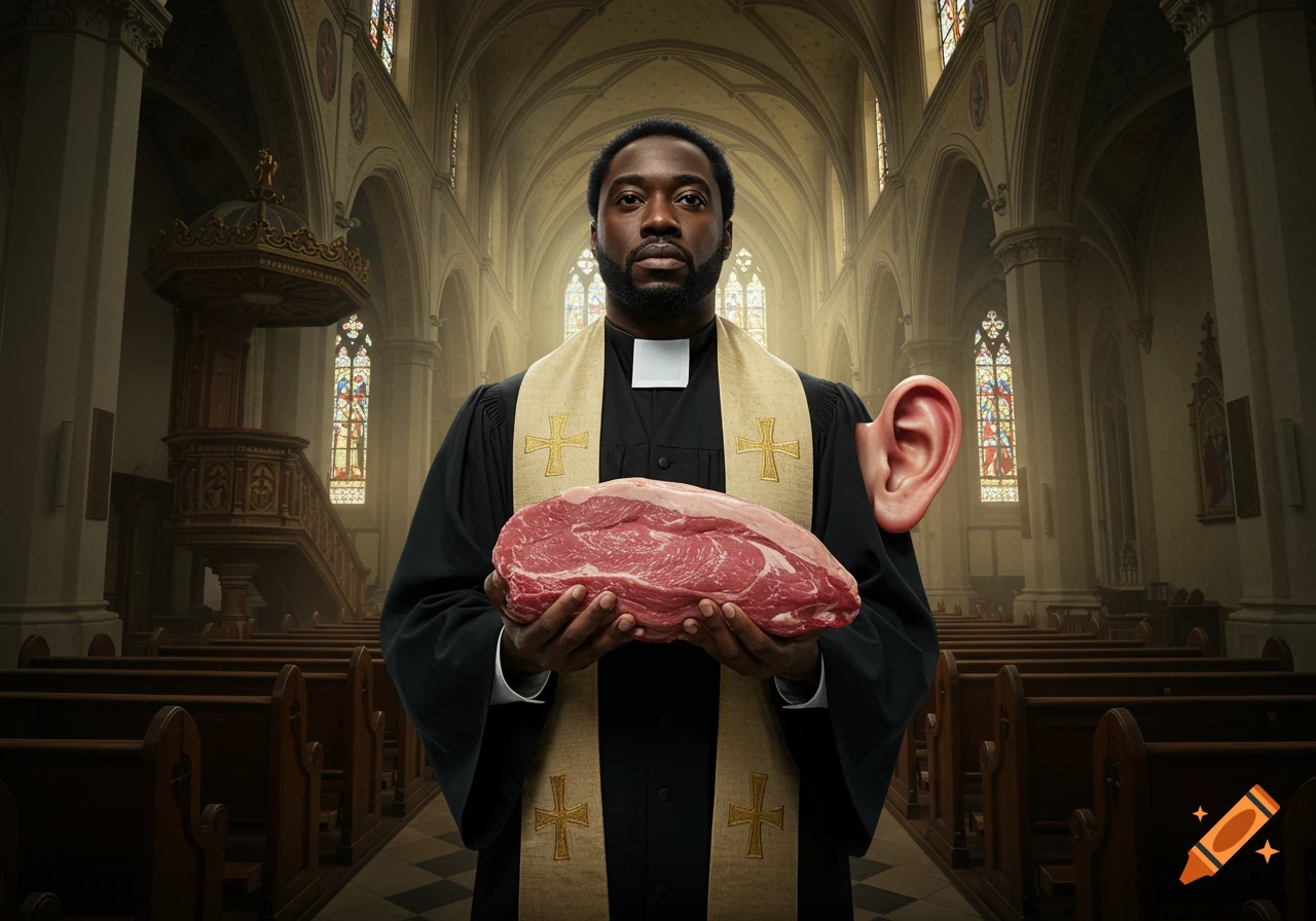 A photorealistic image of a black male minister standing in a church, holding a large raw roast, with a disembodied ear floating near his shoulder.