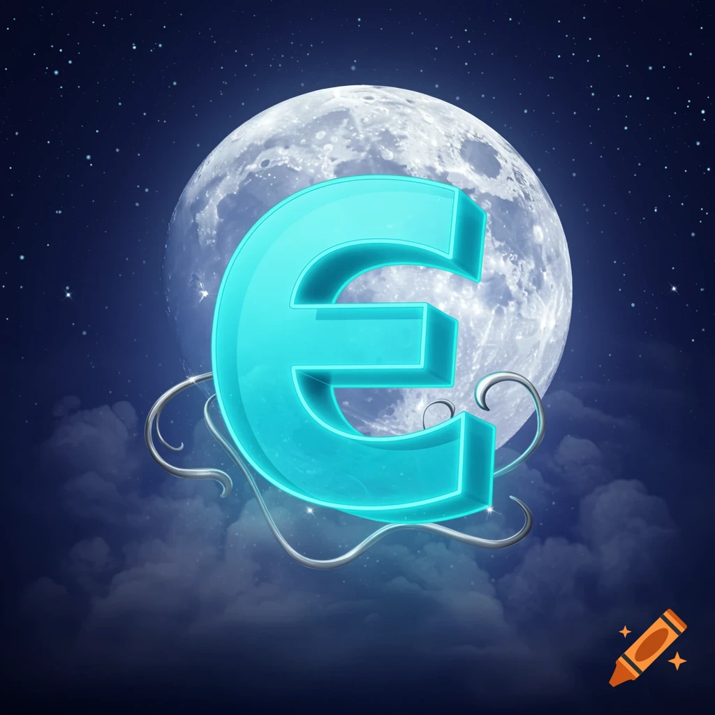 A large, glowing cyan letter 'e' floats in front of a full moon in a starry night sky with clouds.