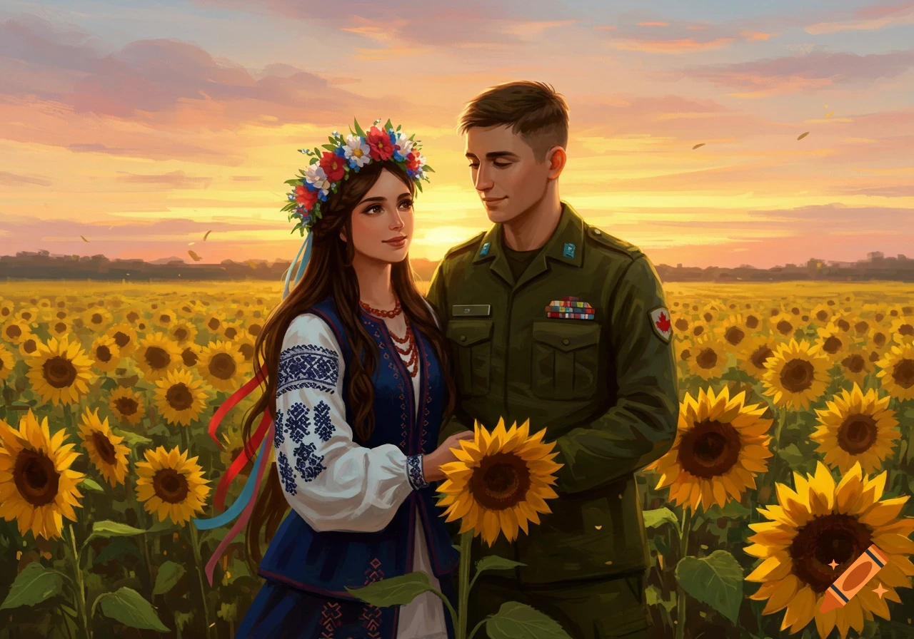 A woman in a Ukrainian embroidered dress and floral crown holds hands with a soldier in uniform in a sunflower field at sunset, painterly style.