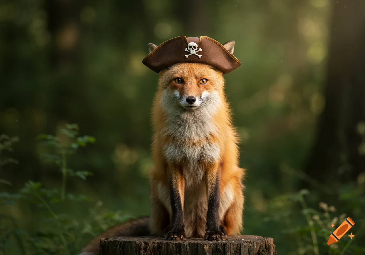 A photorealistic red fox sits upright on a tree stump in a forest, wearing a brown pirate hat with a skull and crossbones.